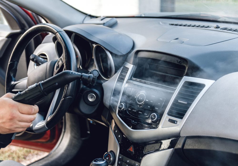 steam cleaning and disinfection of the car interior and air conditioning with a steam cleaner